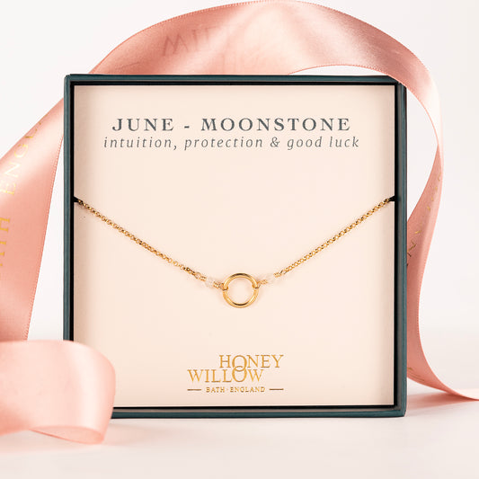 June Birthstone Halo Necklace - Moonstone - Silver & Gold