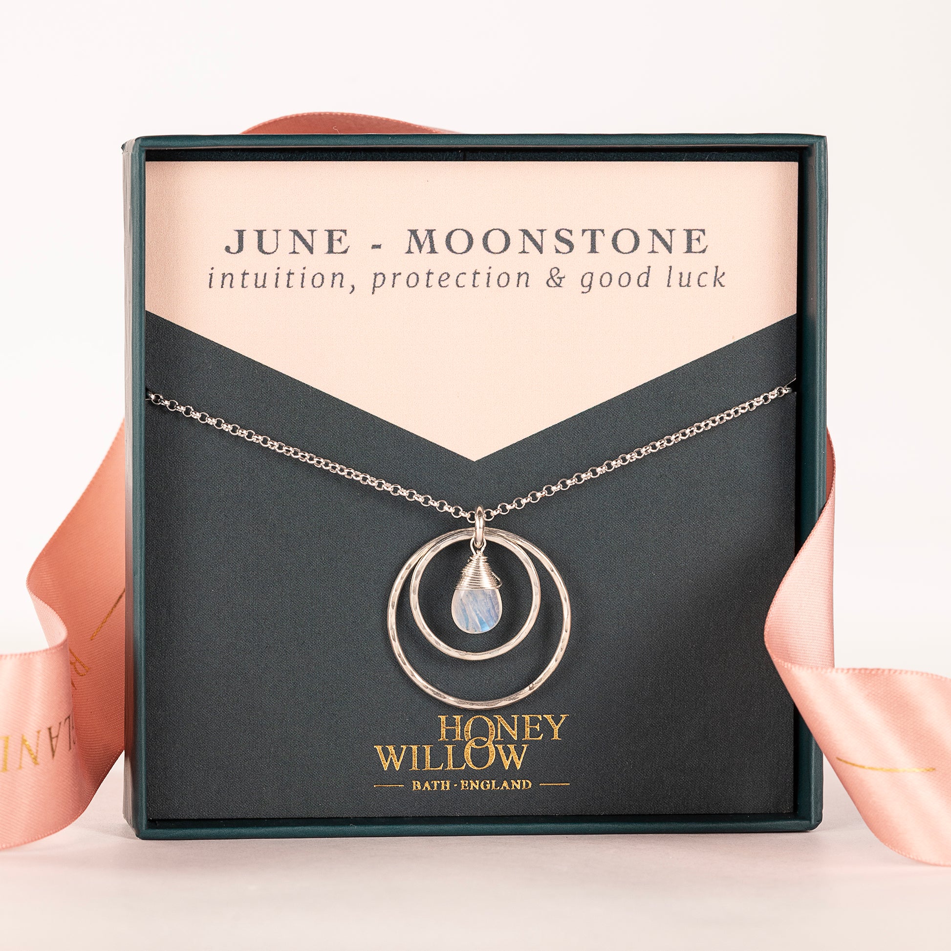 June Birthstone Double Halo Necklace - Moonstone - Silver & Gold