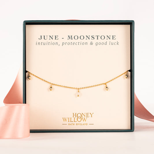 June Birthday Gift - Delicate Double Birthstone Bracelet - Moonstone - Silver & Gold