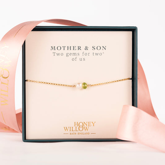Mother & Son Gift - Double Gem Bracelet - Pearl & Birthstone - Silver & Gold