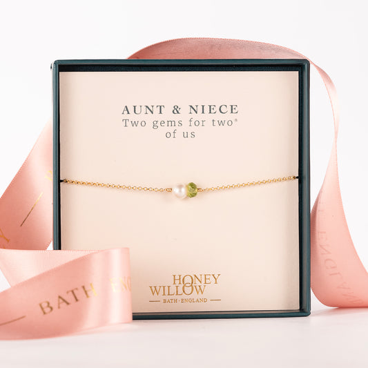 Gift for Niece from Aunt - Double Gem Bracelet - Pearl & Birthstone - Silver & Gold