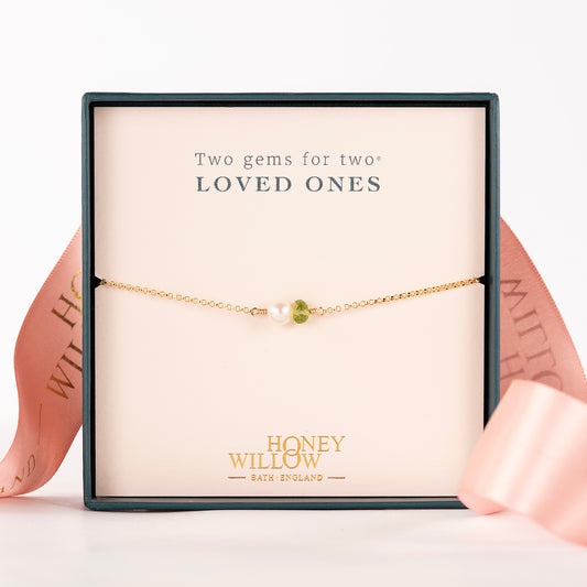 Double Gem Bracelet - Two Gems for Two Loved Ones - Pearl & Birthstone - Silver & Gold