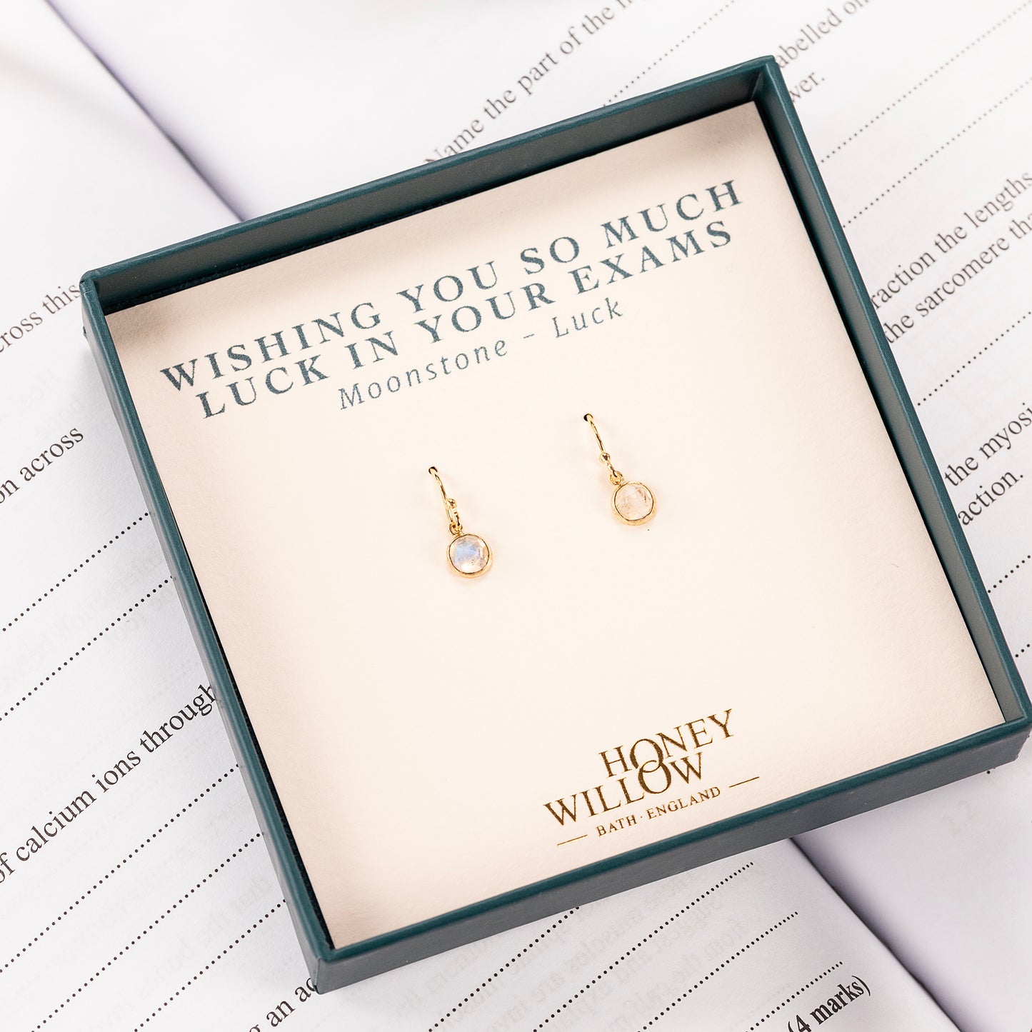 Good Luck Exams Gift - Moonstone Drop Earrings - Silver & Gold