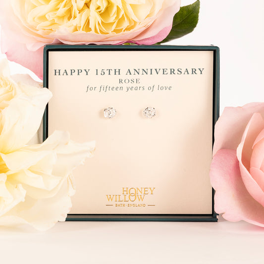15th Anniversary Gift - Rose Flower Stud Earrings - Silver