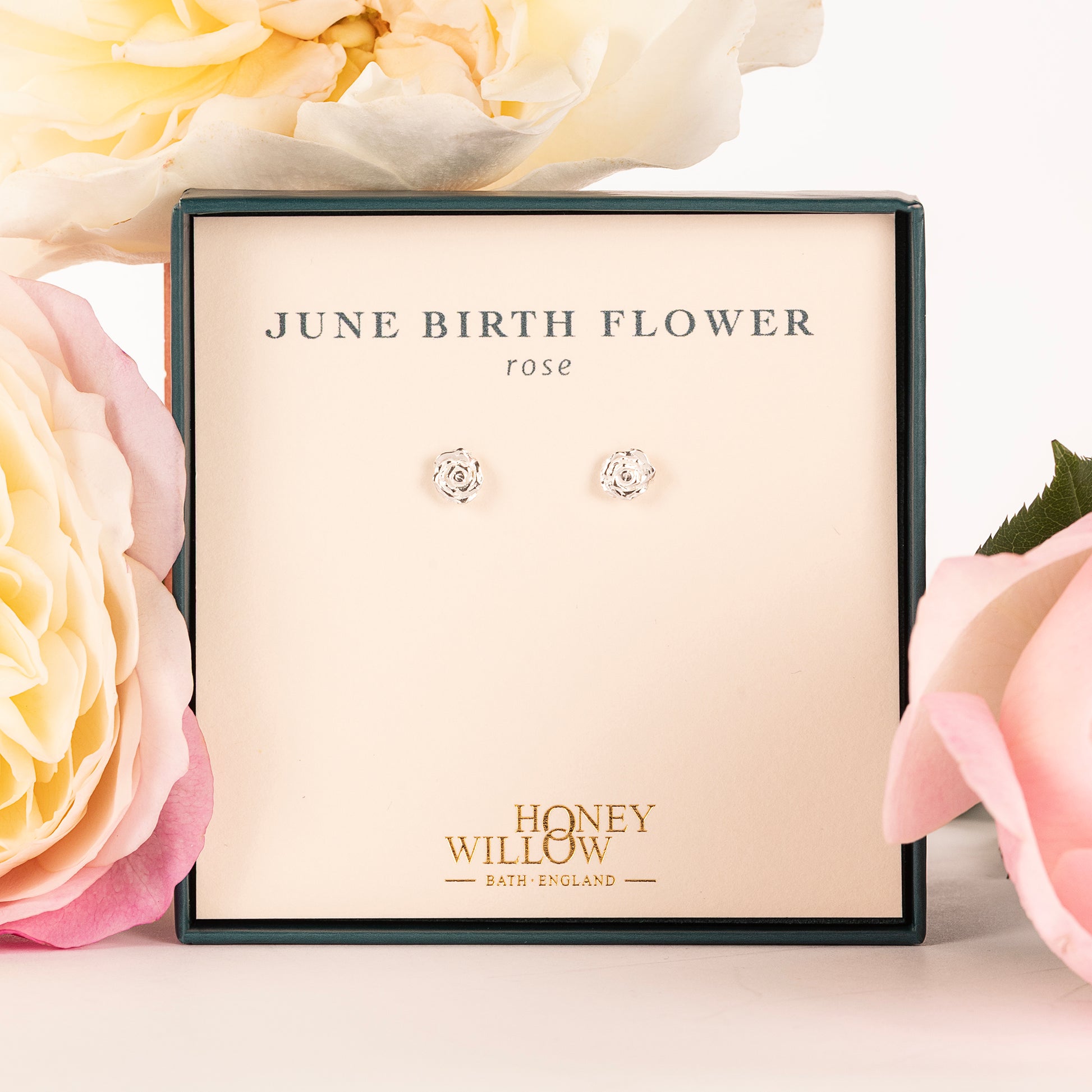 June Birth Flower Earrings - Rose Flower Studs - Silver