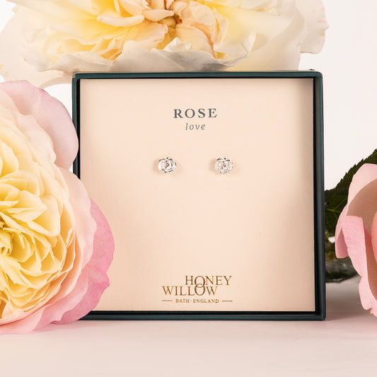 Rose Flower Stud Earrings - Love - Silver