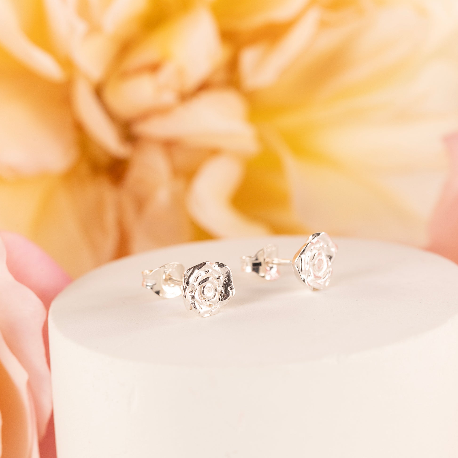 June Birth Flower Earrings - Rose Flower Studs - Silver