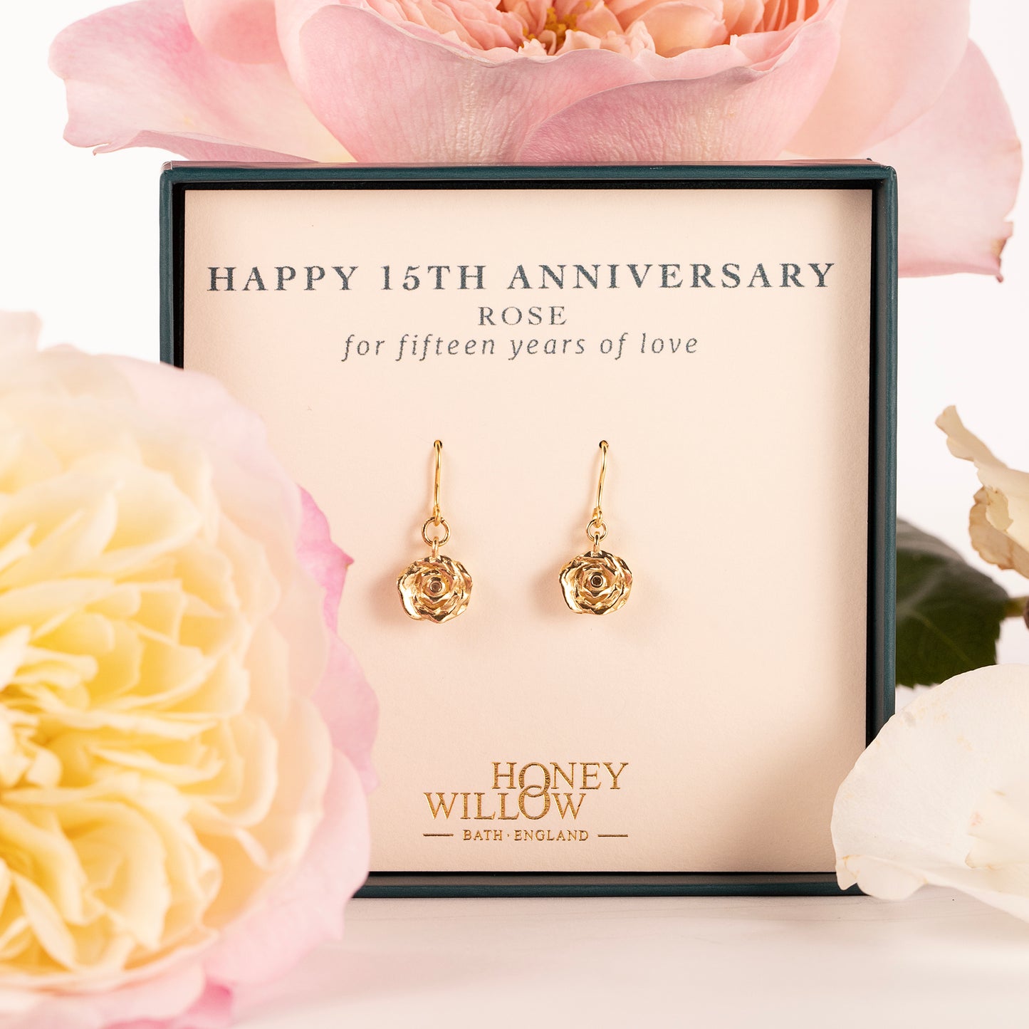 15th Anniversary Gift - Rose Flower Earrings - 9kt Gold