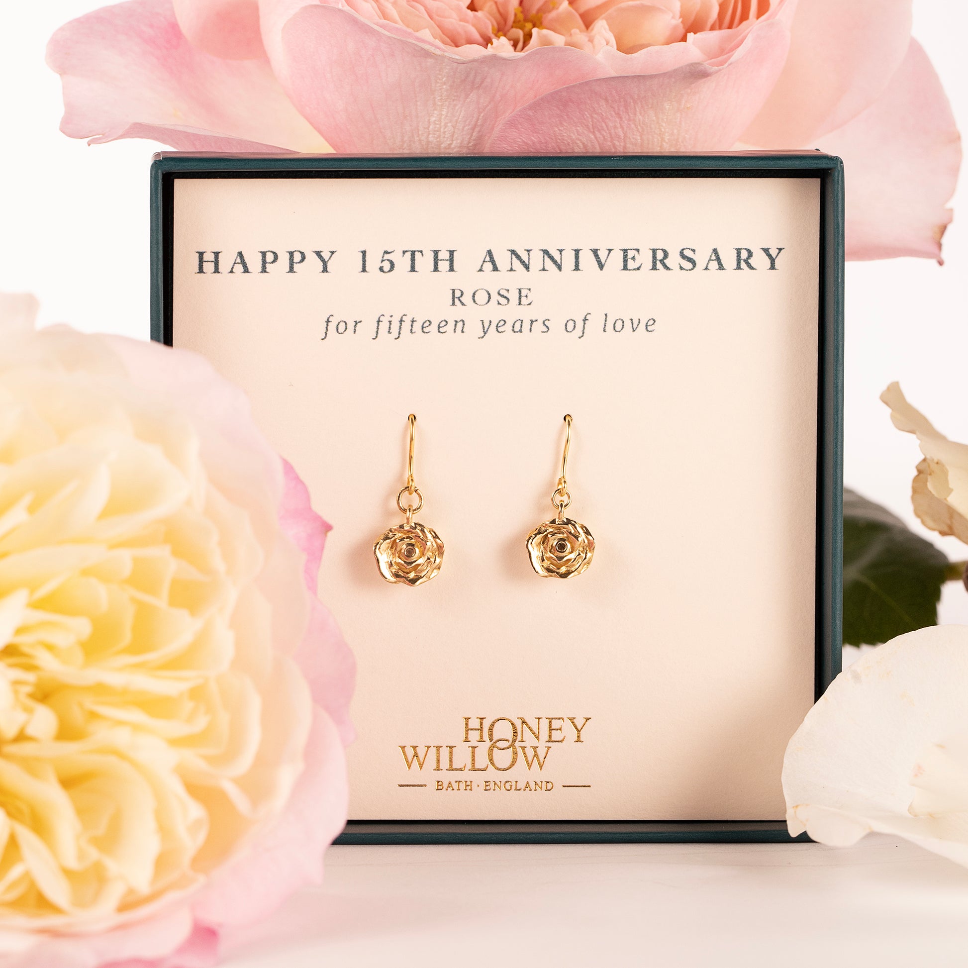 15th Anniversary Gift - Rose Flower Earrings - 9kt Gold