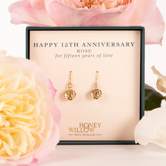 15th Anniversary Gift - Rose Flower Earrings - 9kt Gold