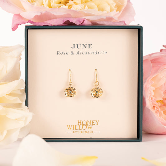 June Birth Flower & Birthstone Earrings - Rose & Alexandrite - 9kt Gold
