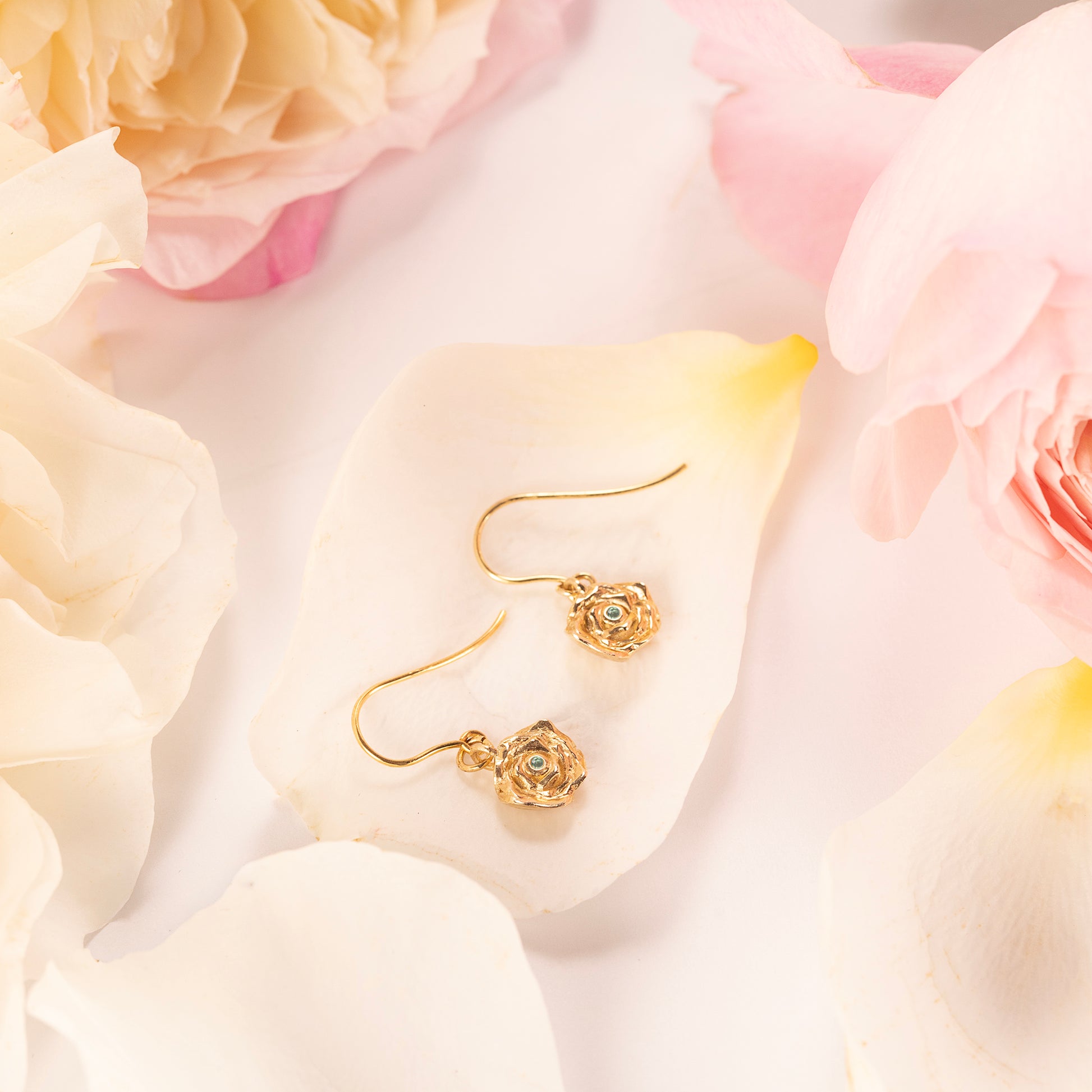 June Birth Flower & Birthstone Earrings - Rose & Alexandrite - 9kt Gold