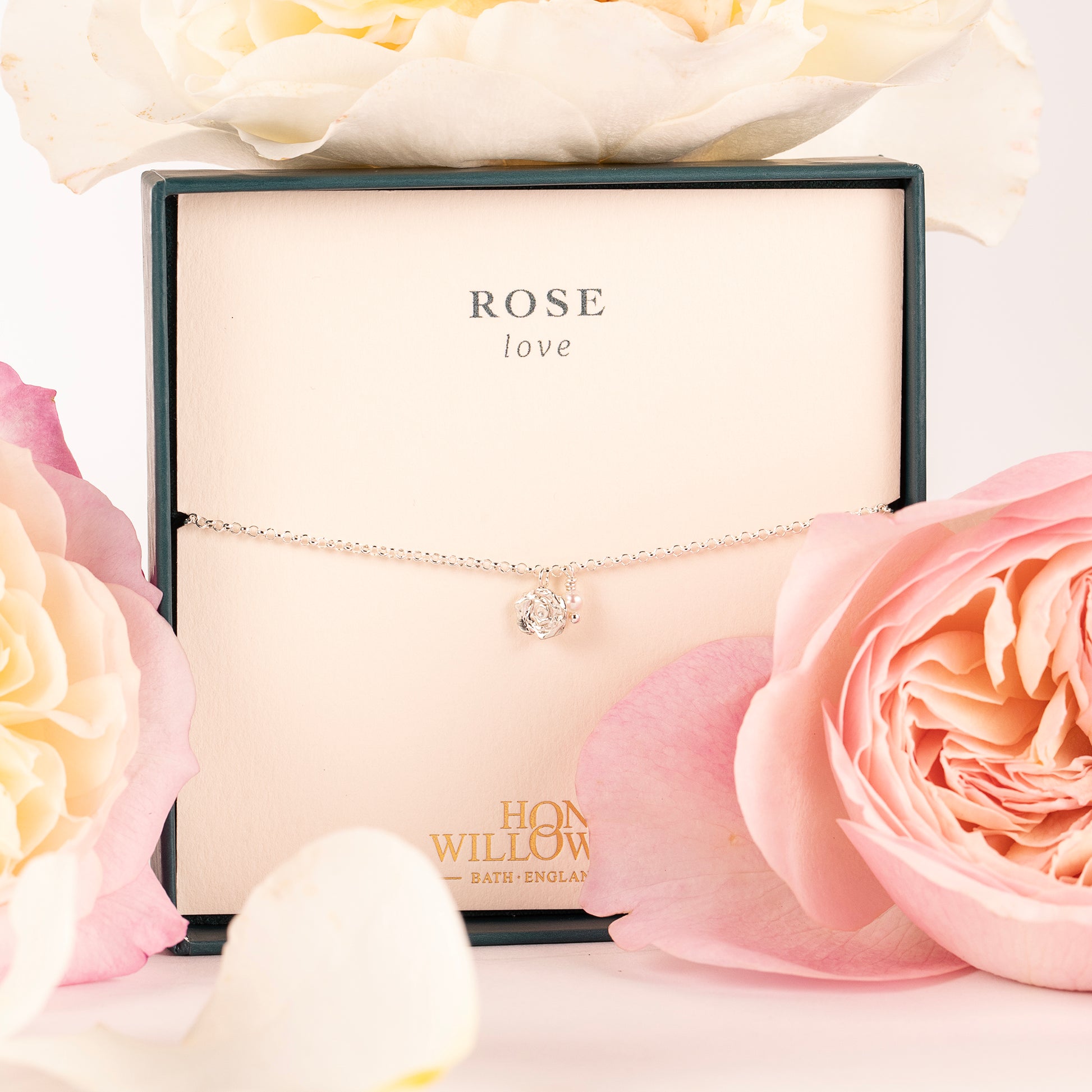 Delicate Rose Flower & Pearl Bracelet - Rose - Silver