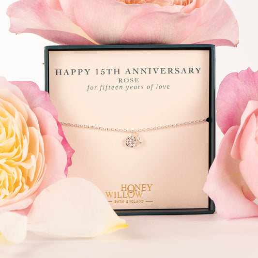 15th Anniversary Gift - Delicate Rose Flower & Pearl Bracelet - Silver