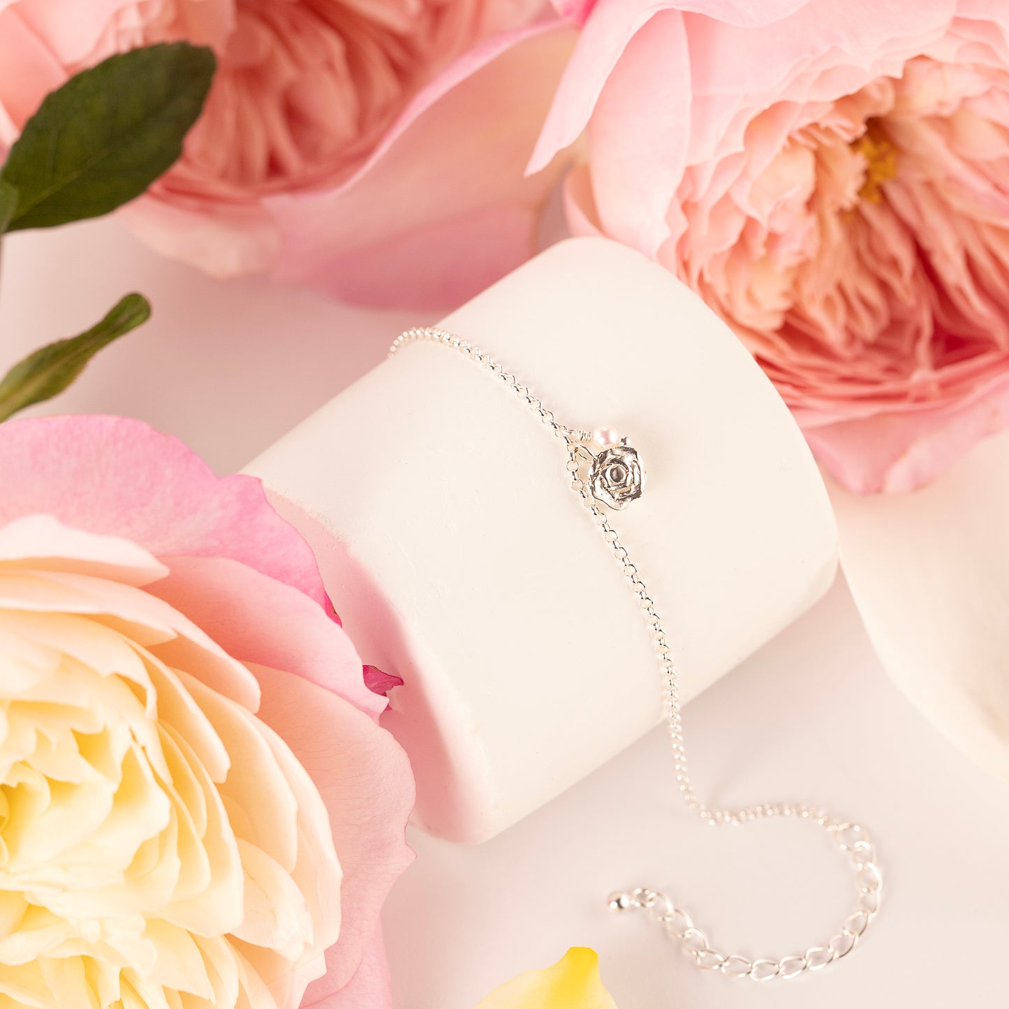 June Birth Flower Bracelet - Rose & Pearl - Silver