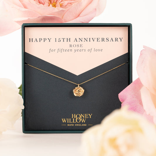 15th Anniversary Gift - Rose Flower Necklace - 9kt Gold