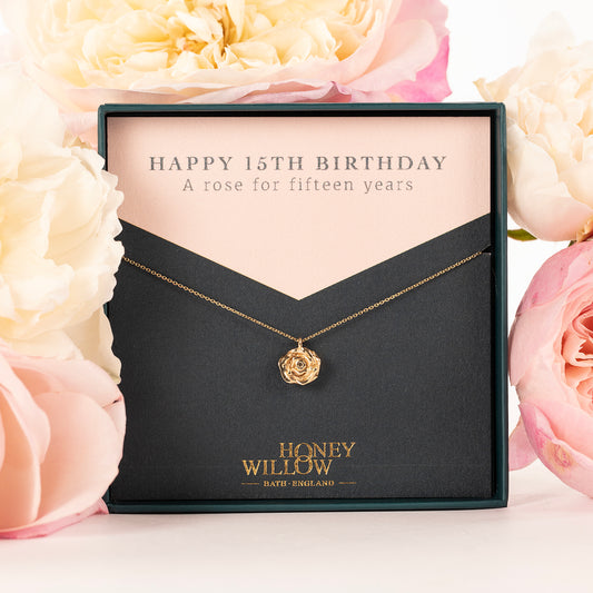 15th Birthday Gift - Rose Flower Necklace - 9kt Gold