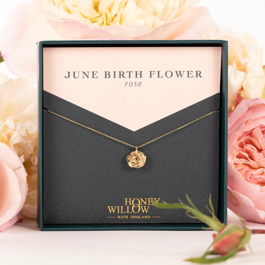 June Birth Flower Necklace - Rose - 9kt Gold