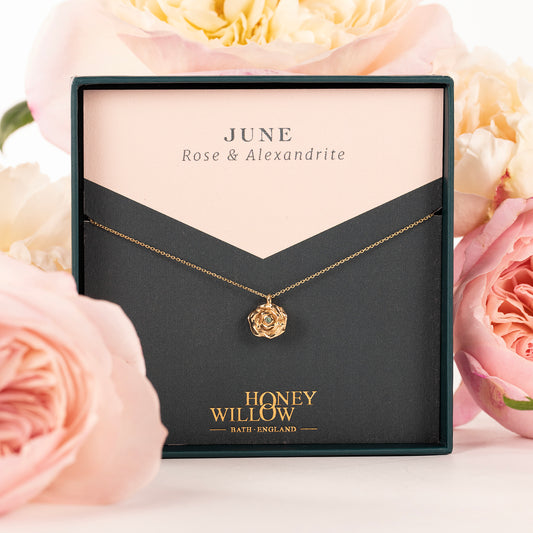 June Birth Flower & Birthstone Necklace - Rose & Alexandrite - 9kt Gold