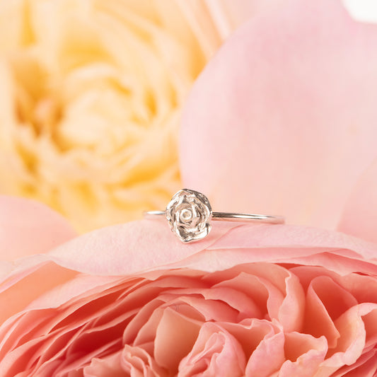 Rose Flower Ring - June Birth Flower - Silver