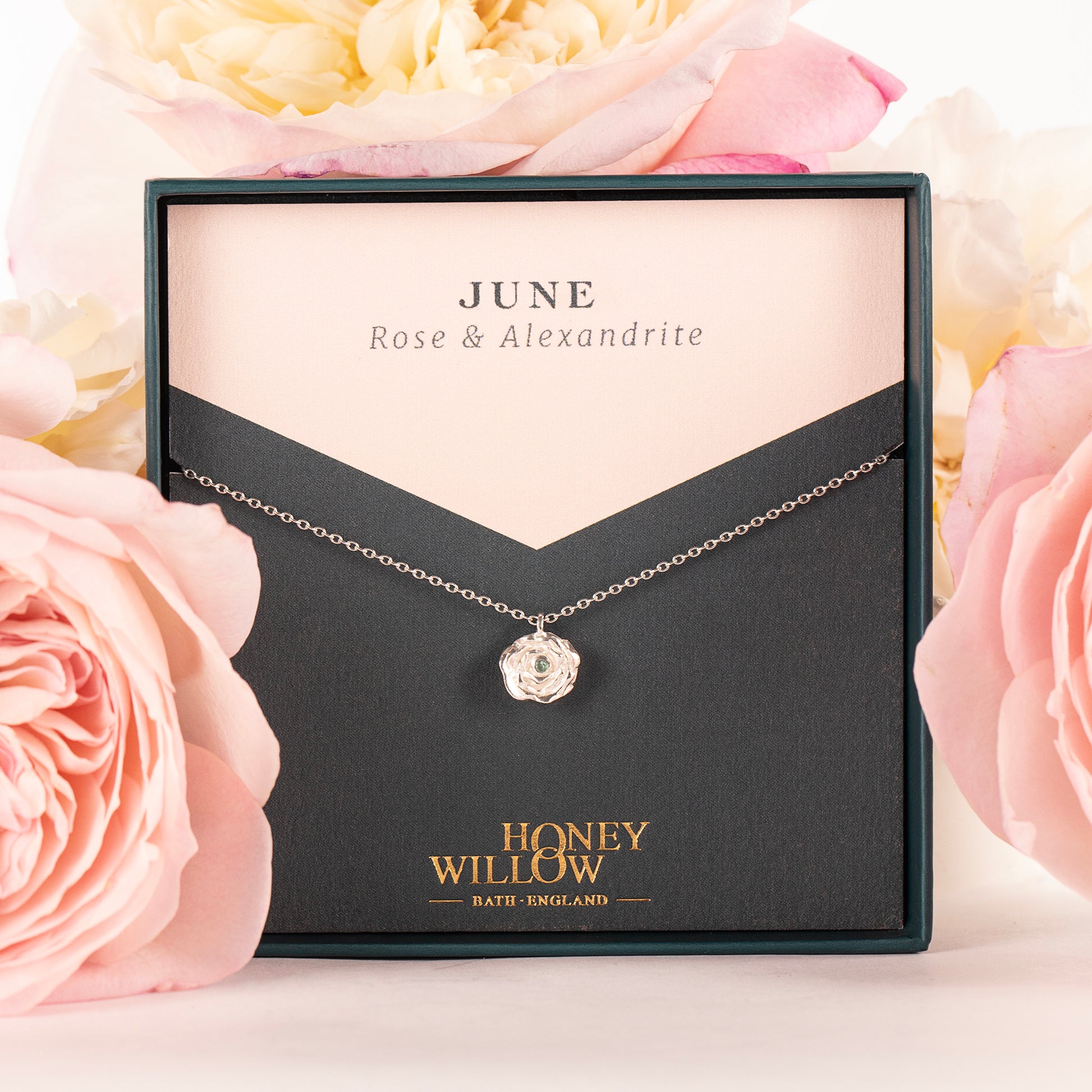 June Birth Flower & Birthstone Necklace - Rose & Alexandrite - Silver