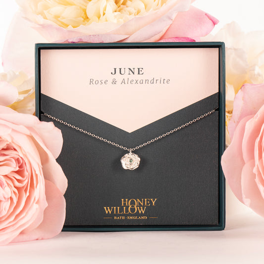 June Birth Flower & Birthstone Necklace - Rose & Alexandrite - Silver