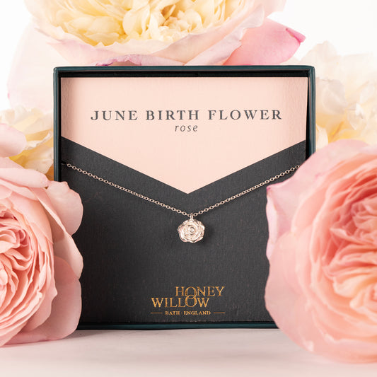June Birth Flower Necklace - Rose - Silver