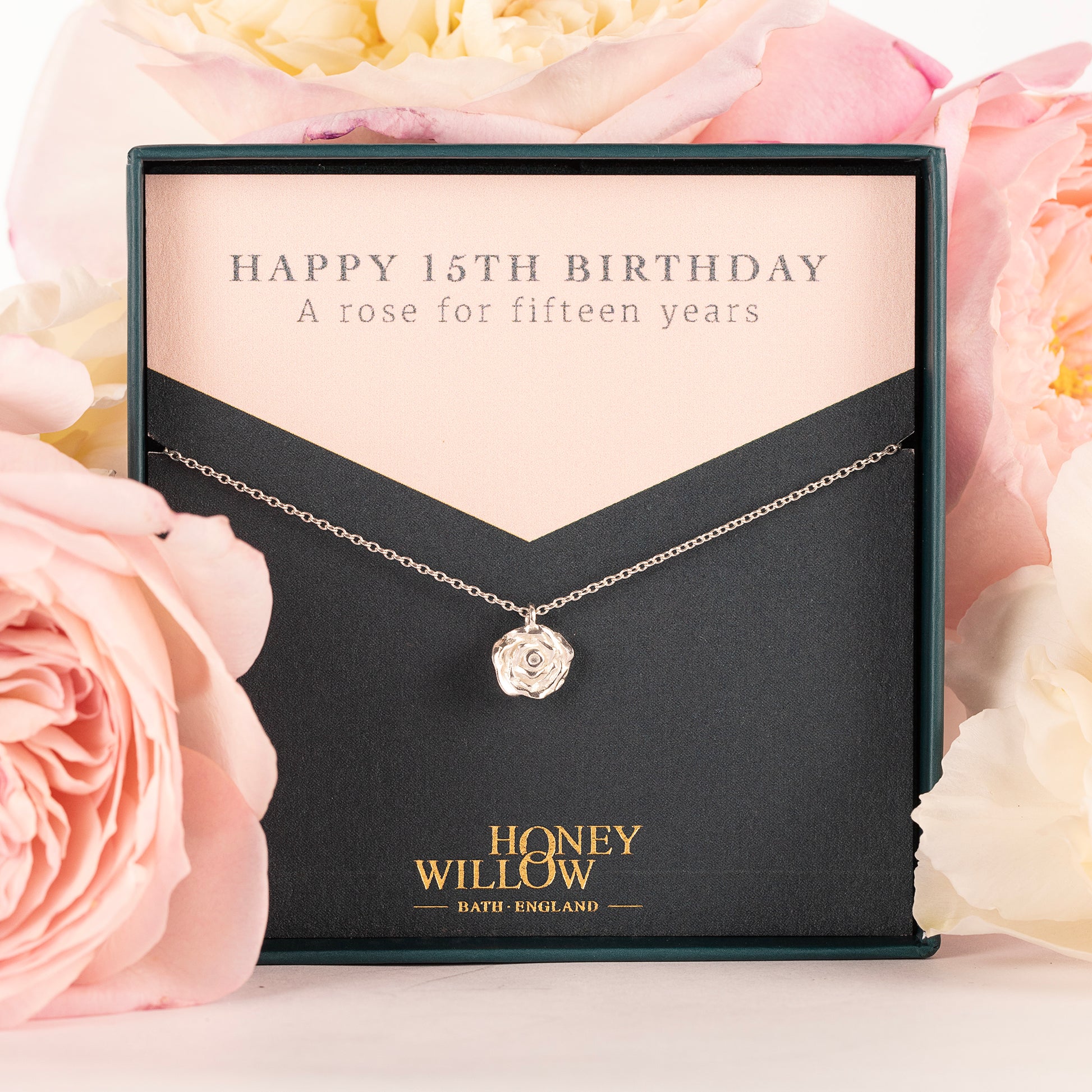 15th Birthday Gift - Rose Flower Necklace - Silver
