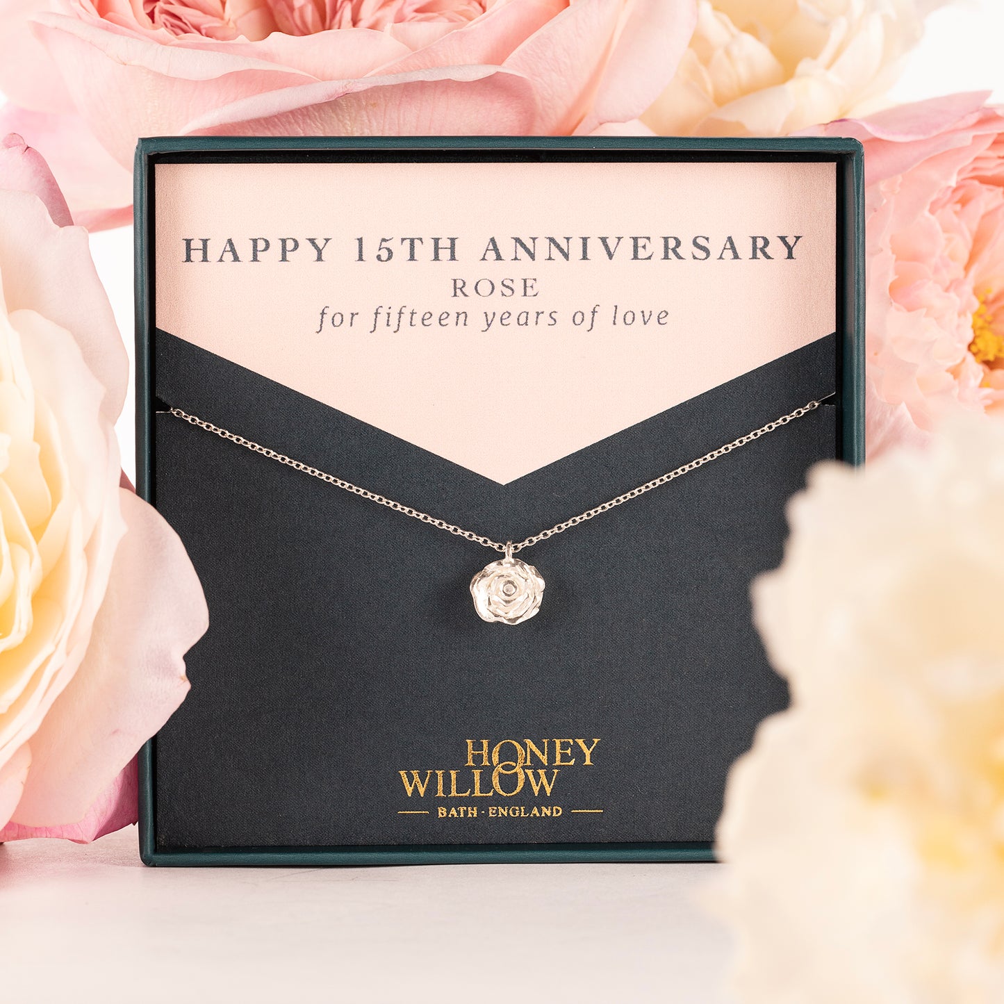 15th Anniversary Gift - Rose Flower Necklace - Silver