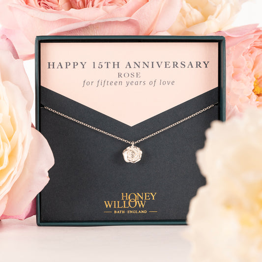 15th Anniversary Gift - Rose Flower Necklace - Silver