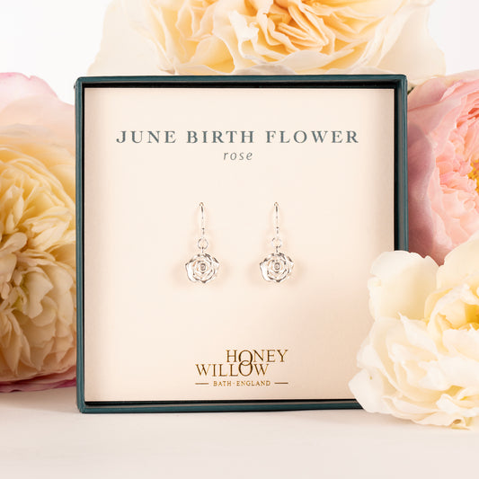 June Birth Flower Earrings - Rose - Silver