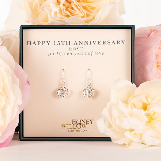 15th Anniversary Gift - Rose Flower Earrings - Silver