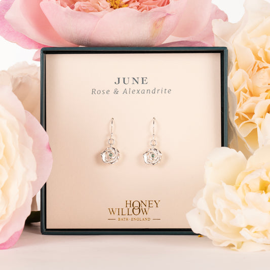 June Birth Flower & Birthstone Earrings - Rose & Alexandrite - Silver