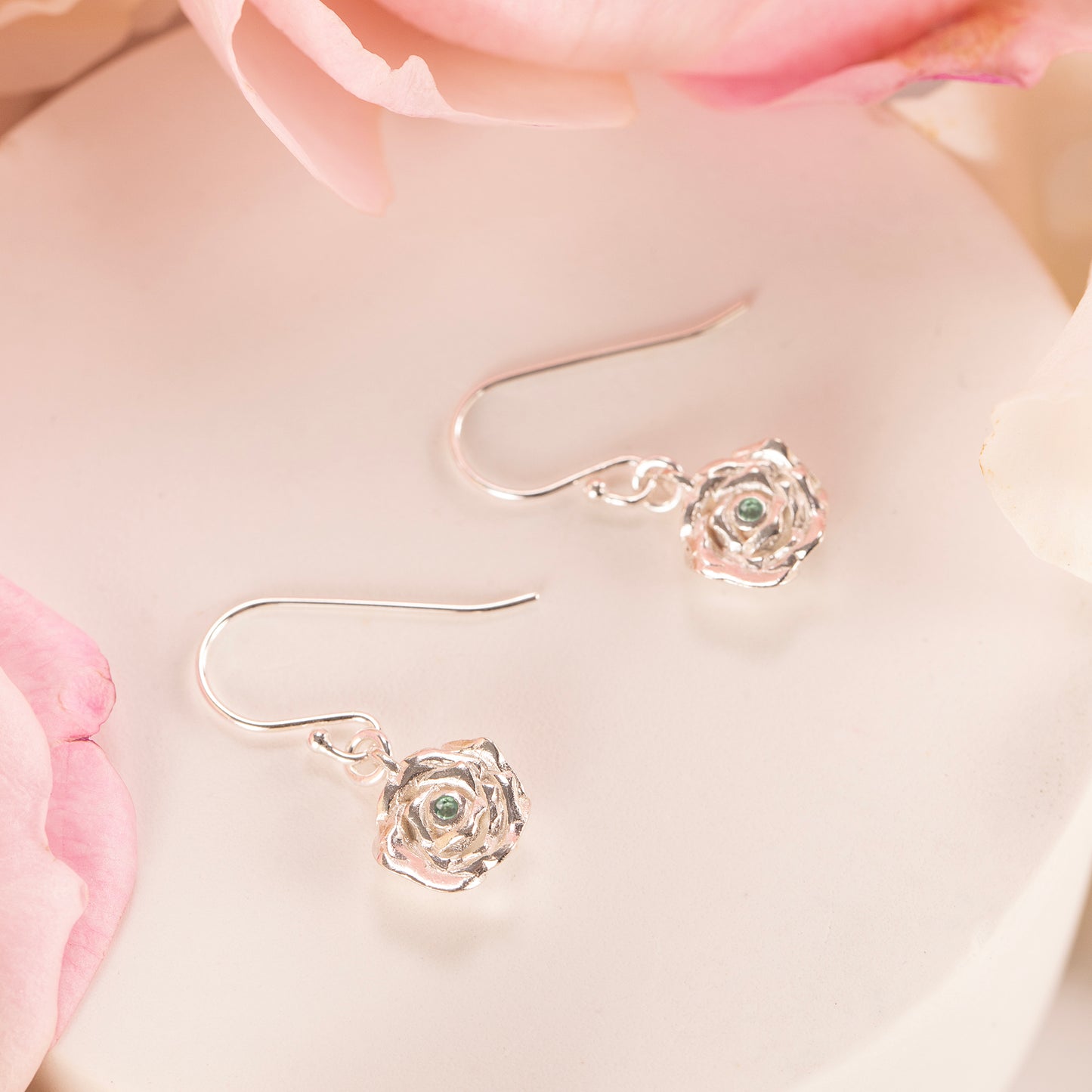 June Birth Flower & Birthstone Earrings - Rose & Alexandrite - Silver
