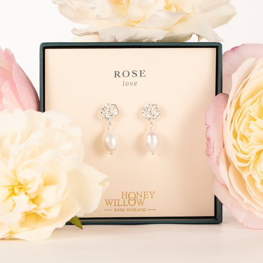 Rose Flower Earrings - Love - Silver & Pearl