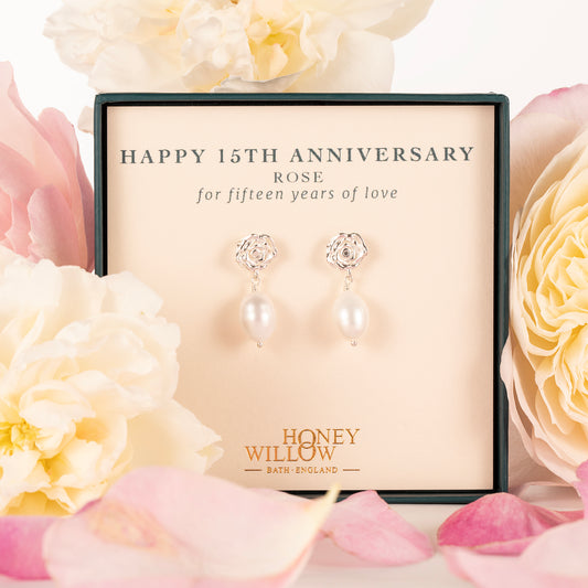 15th Anniversary Gift - Rose Flower Earrings - Silver & Pearl