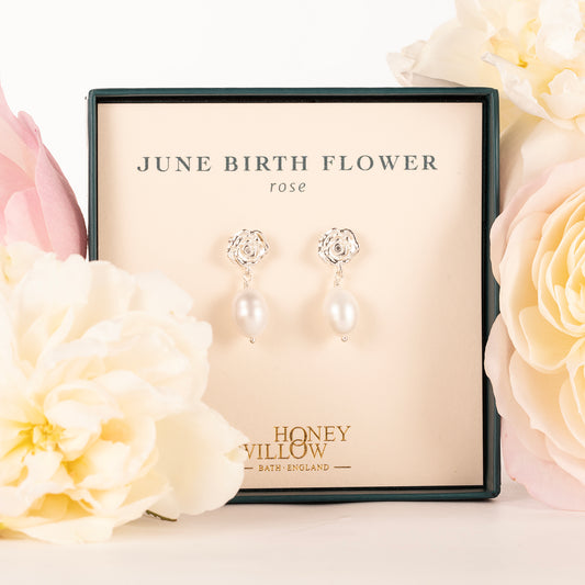 June Birth Flower Earrings - Rose - Silver & Pearl