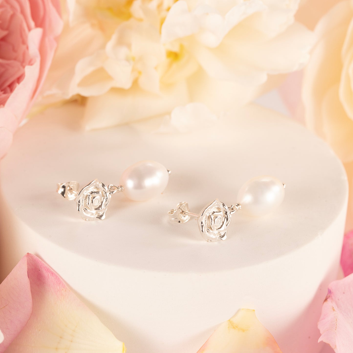 June Birth Flower Earrings - Rose - Silver & Pearl