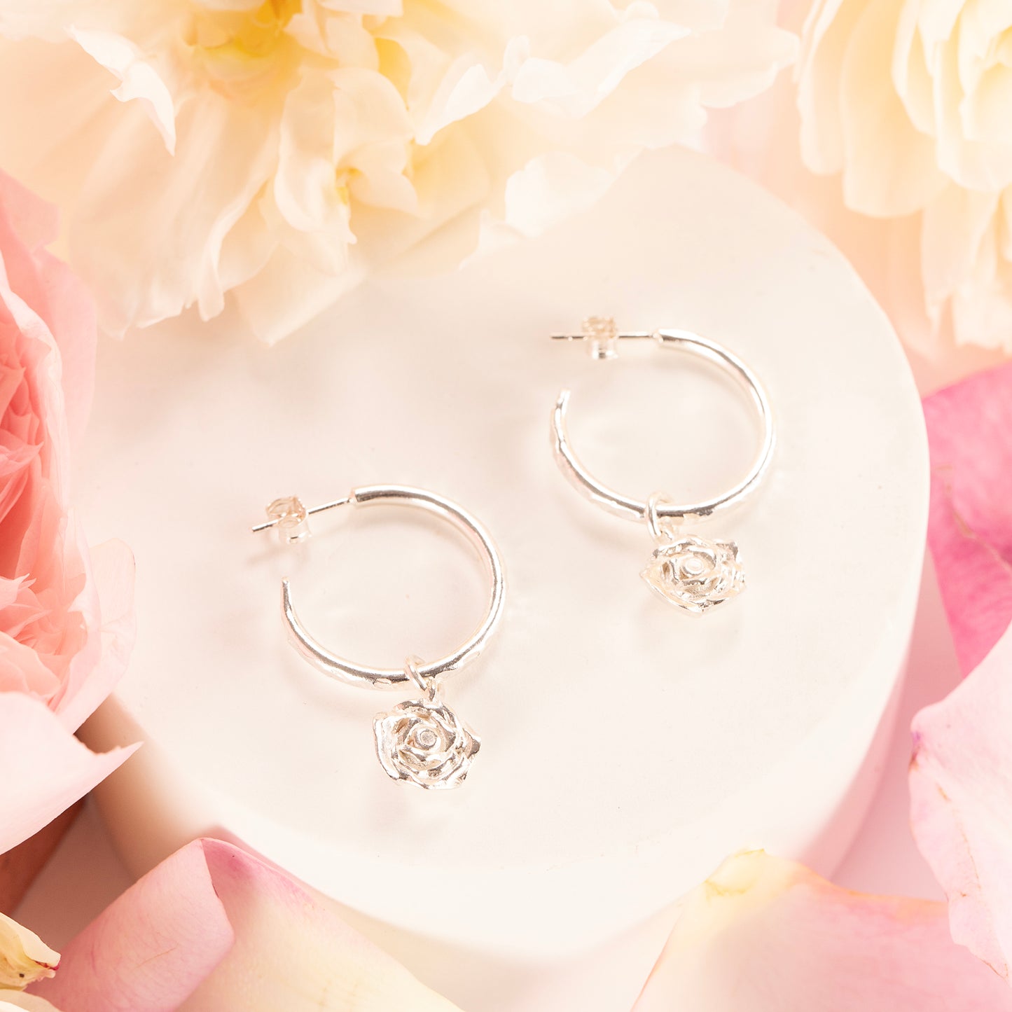 Rose Flower Hoop Earrings - Love - Silver - 2cm