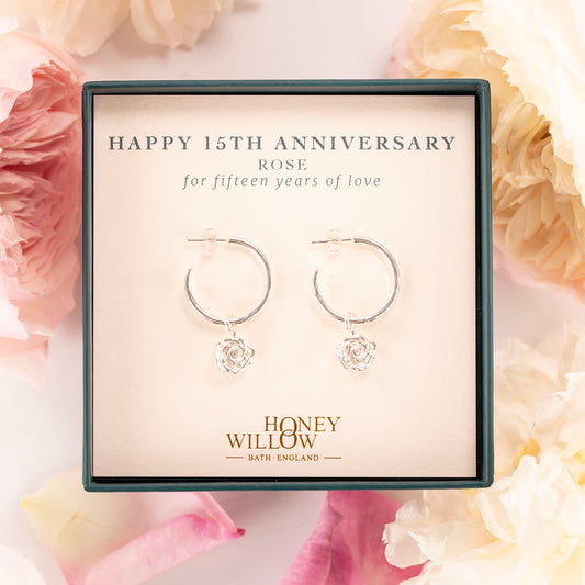 15th Anniversary Gift - Rose Flower Hoop Earrings - Silver - 2cm