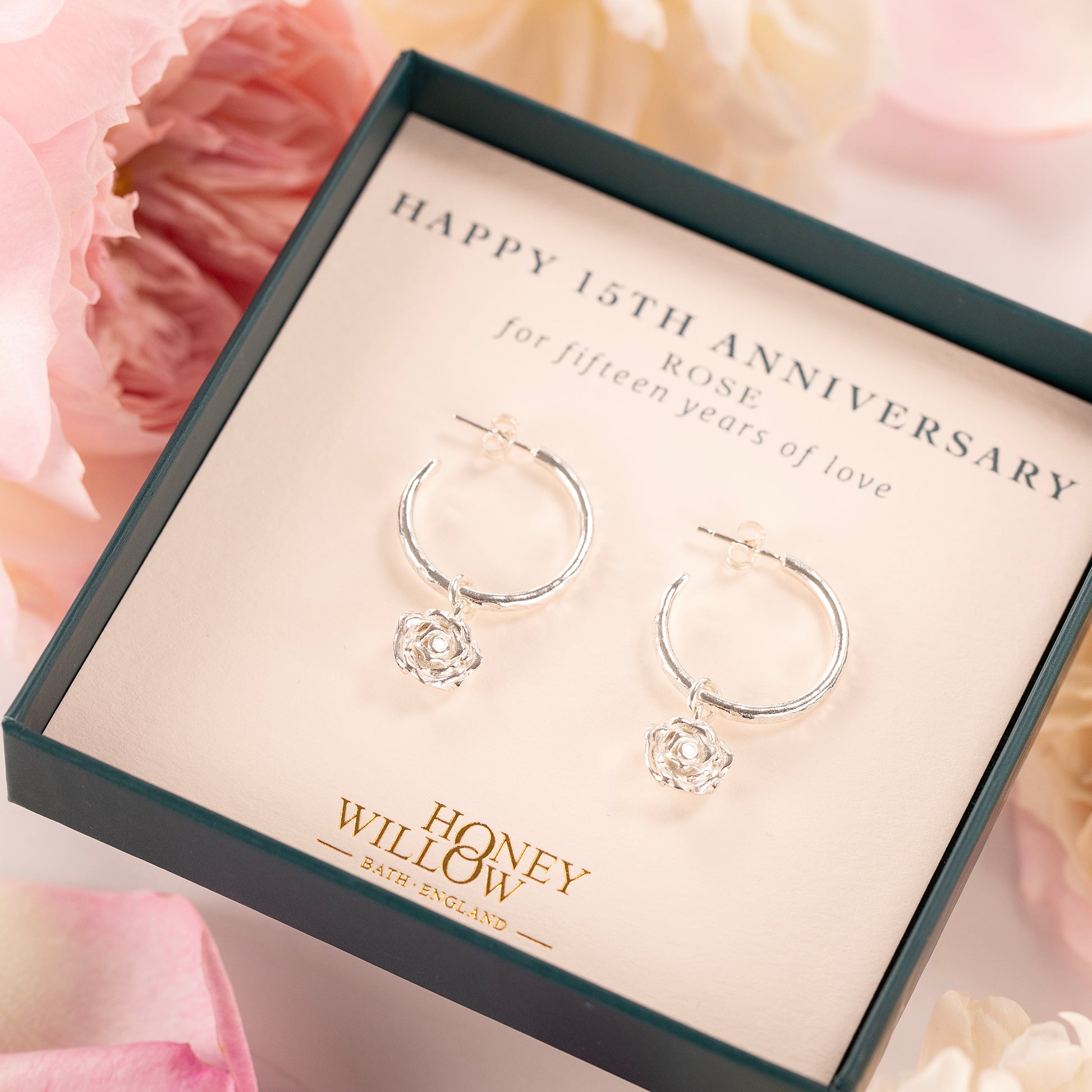 15th Anniversary Gift - Rose Flower Hoop Earrings - Silver - 2cm