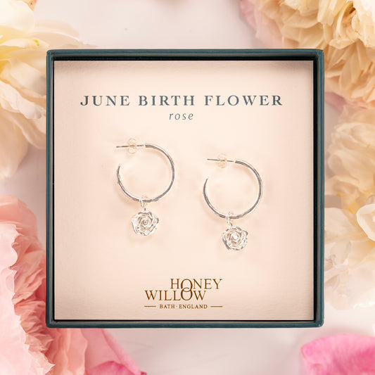 June Birth Flower Hoop Earrings - Rose - Silver - 2cm