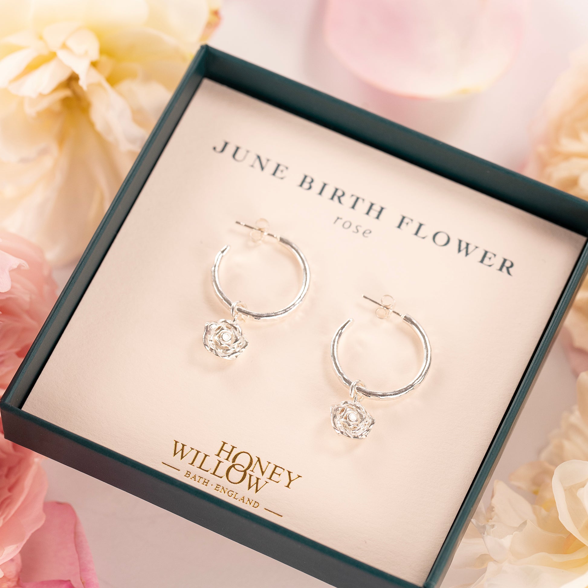 June Birth Flower Hoop Earrings - Rose - Silver - 2cm