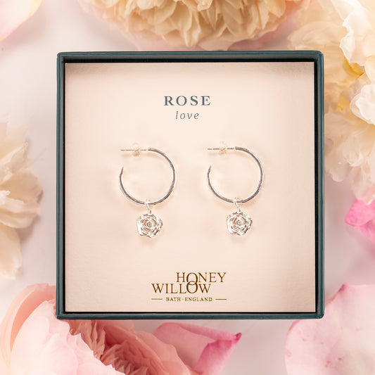 Rose Flower Hoop Earrings - Love - Silver - 2cm