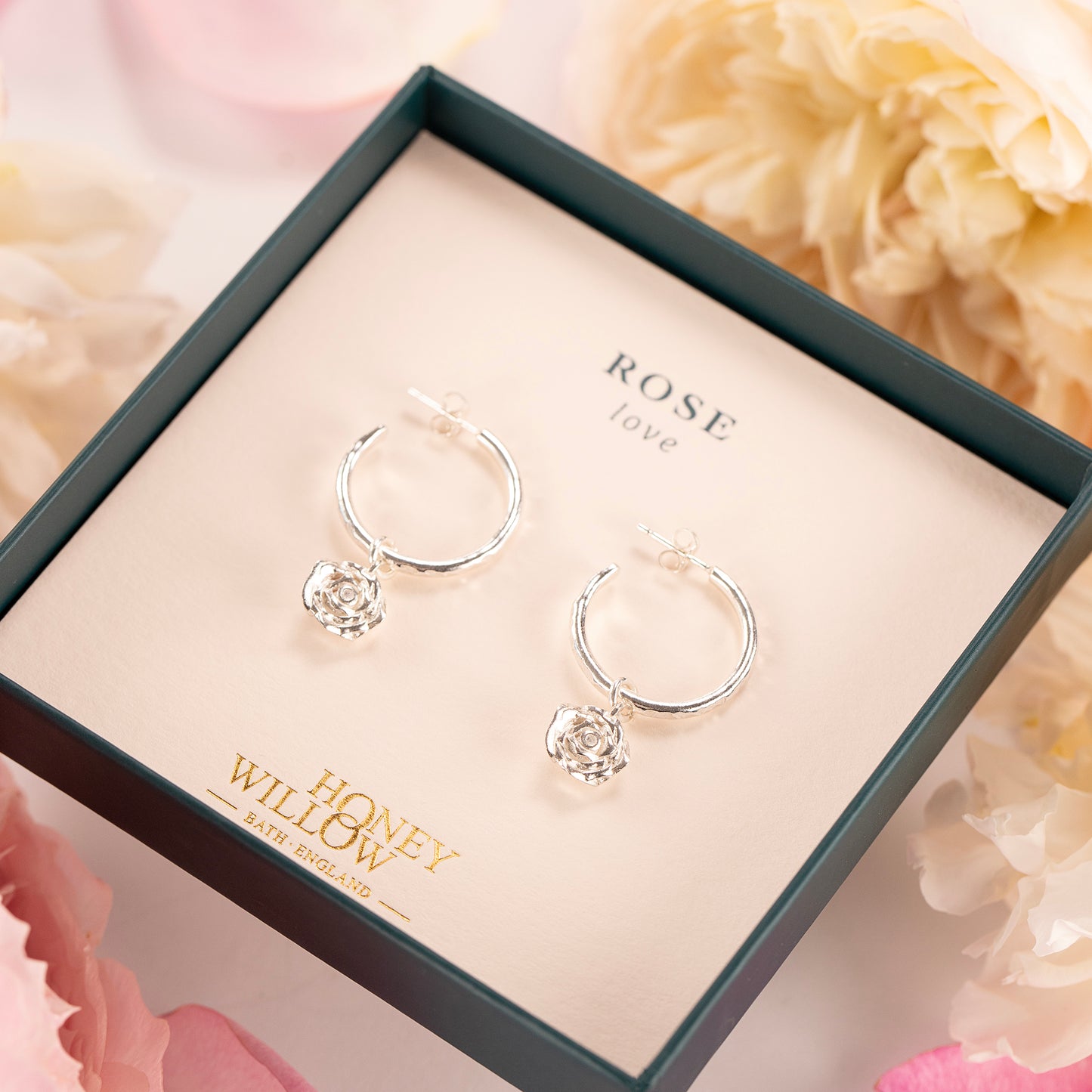 Rose Flower Hoop Earrings - Love - Silver - 2cm