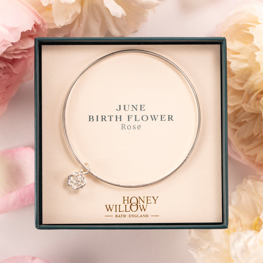 June Birth Flower Jewellery - Personalised Rose Bangle - Silver
