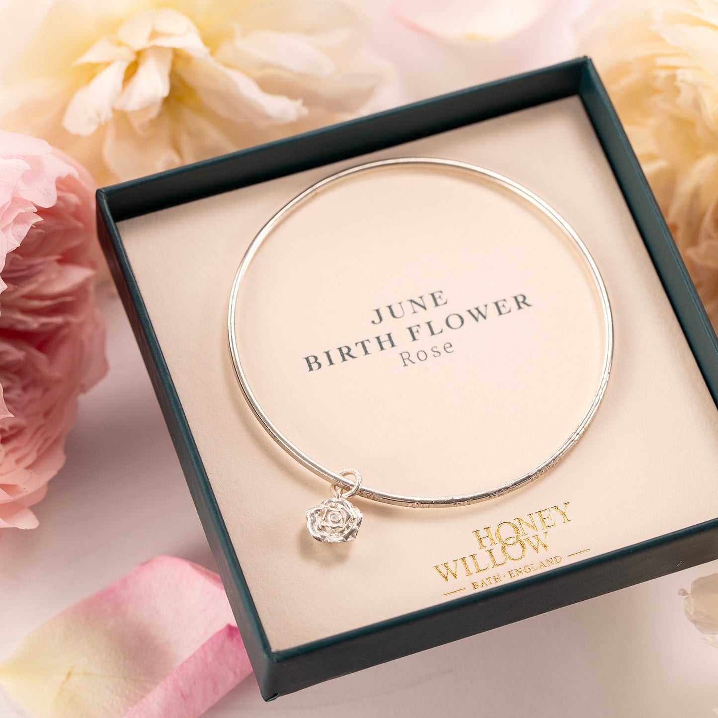 June Birth Flower Jewellery - Personalised Rose Bangle - Silver