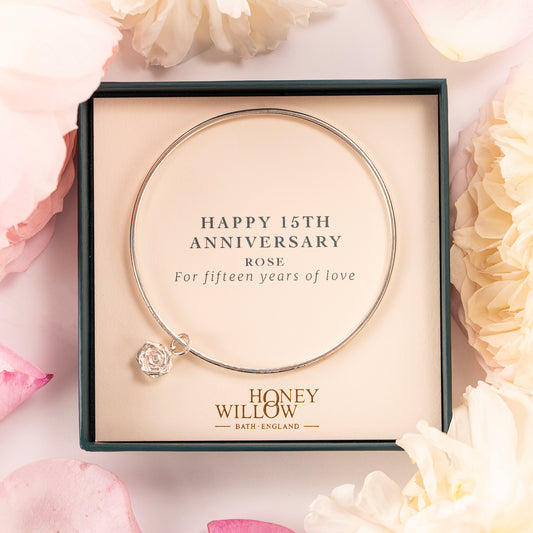 15th Anniversary Gift - Personalised Rose Flower Bangle - Silver