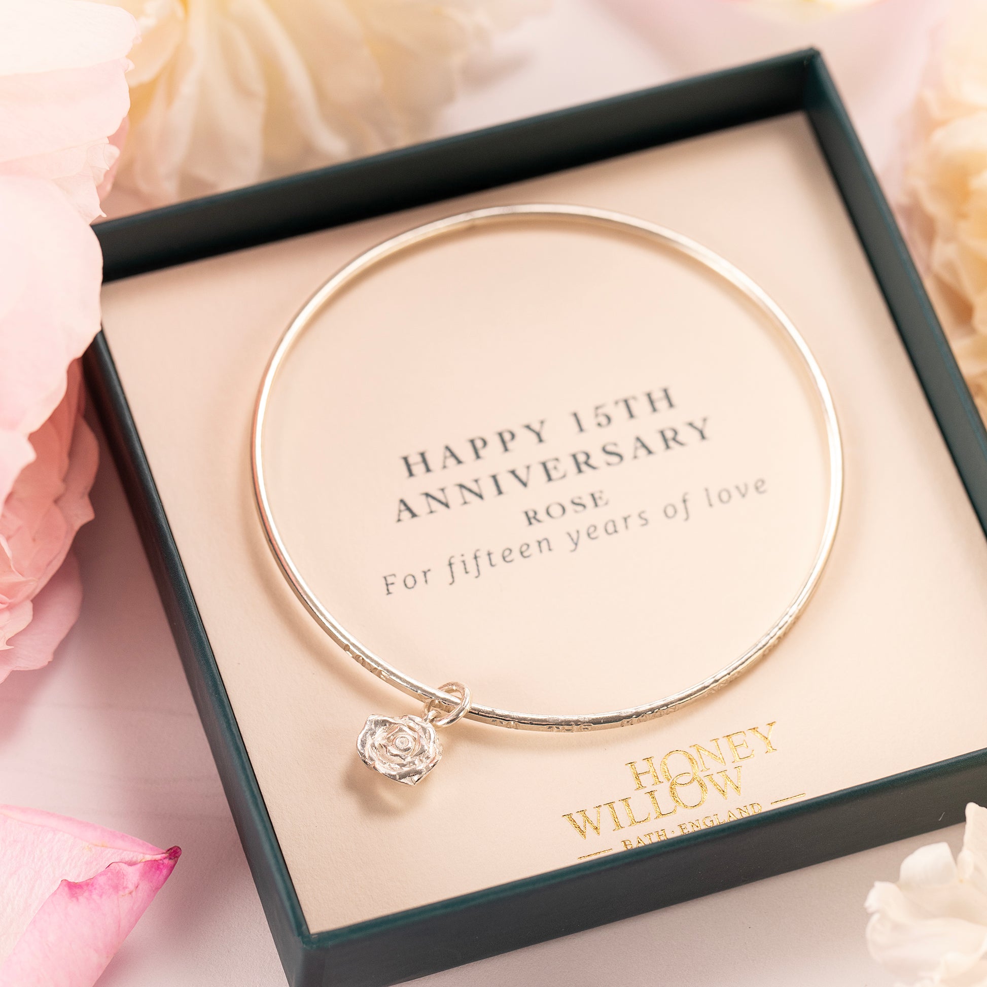 15th Anniversary Gift - Personalised Rose Flower Bangle - Silver