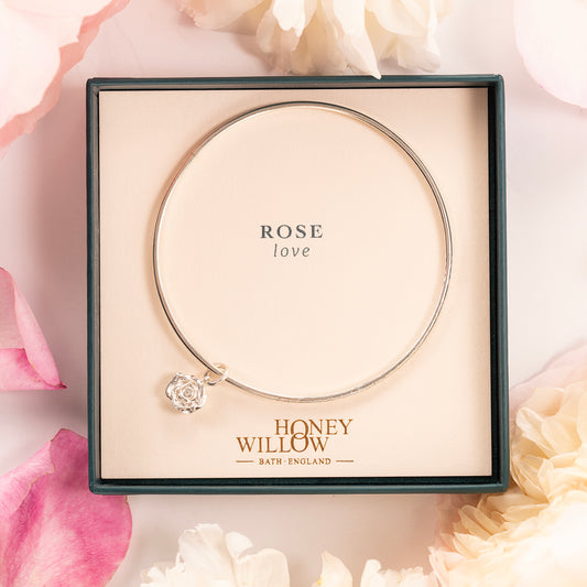 Personalised Rose Flower Bangle - Love - Silver